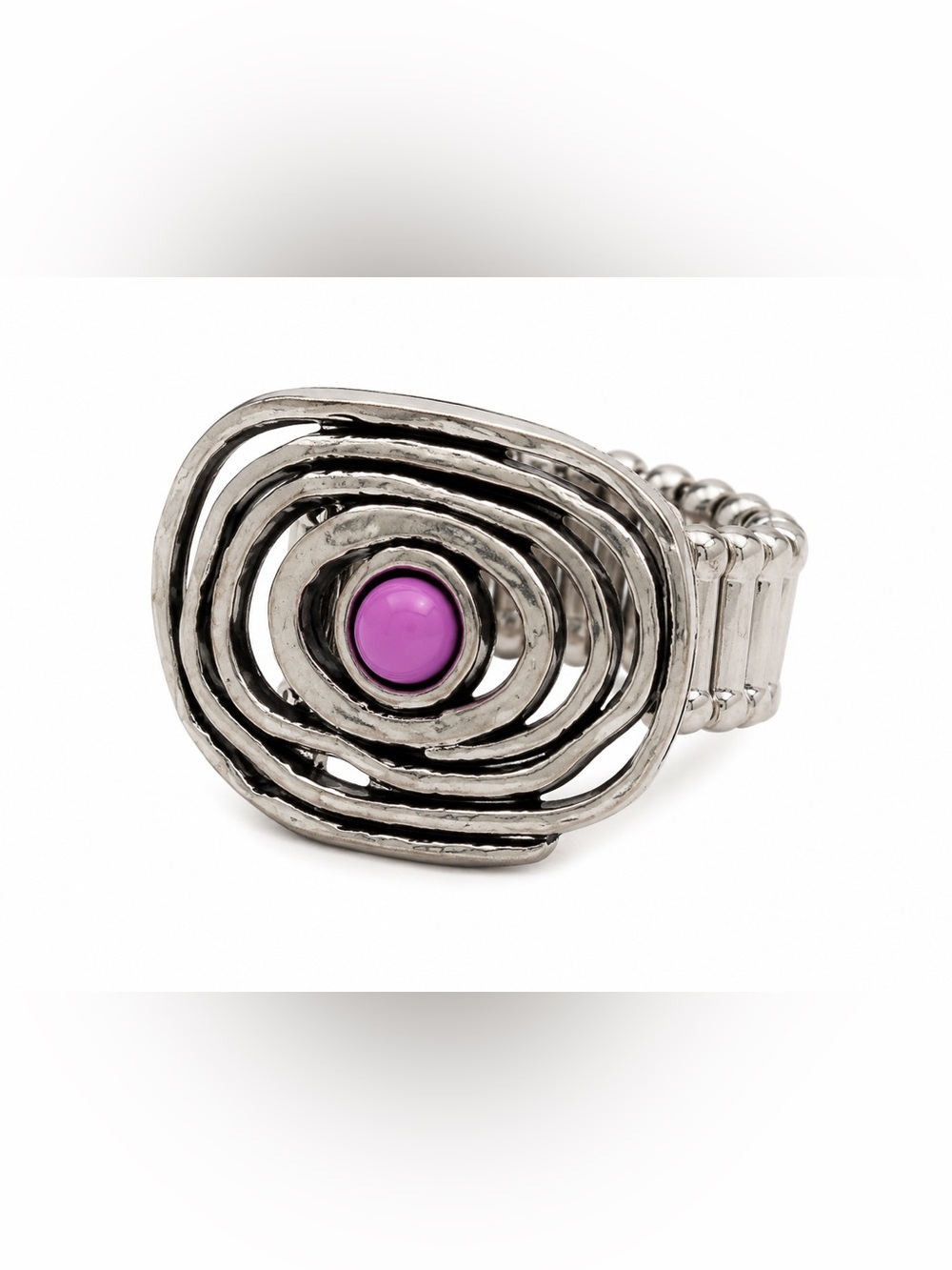 Adjustable Silver Tone Spiral Ring Pink Cabochon Statement Stretch Band Boho